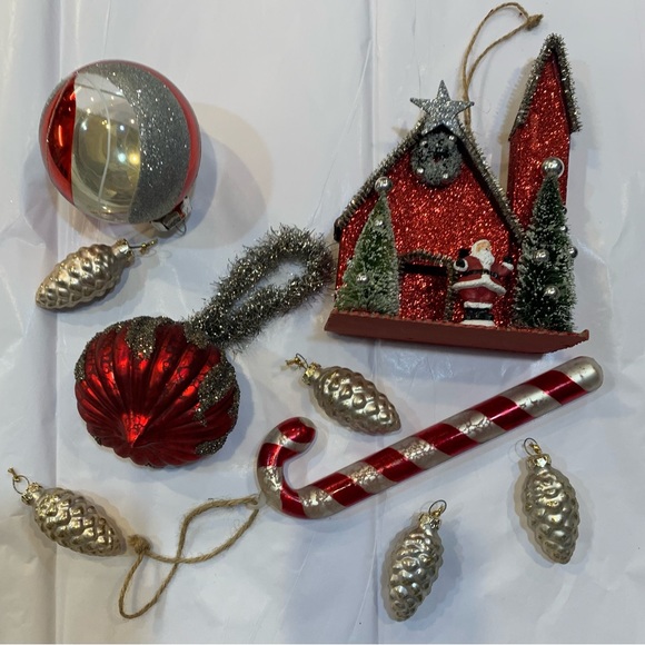 Beautiful lot 9 Pottery Barn Mercury Glass Ornaments Onion Candy Cane Pinecone - Picture 2 of 16